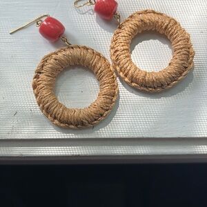 Macramé Tan and Coral Dangle Hoop Earrings